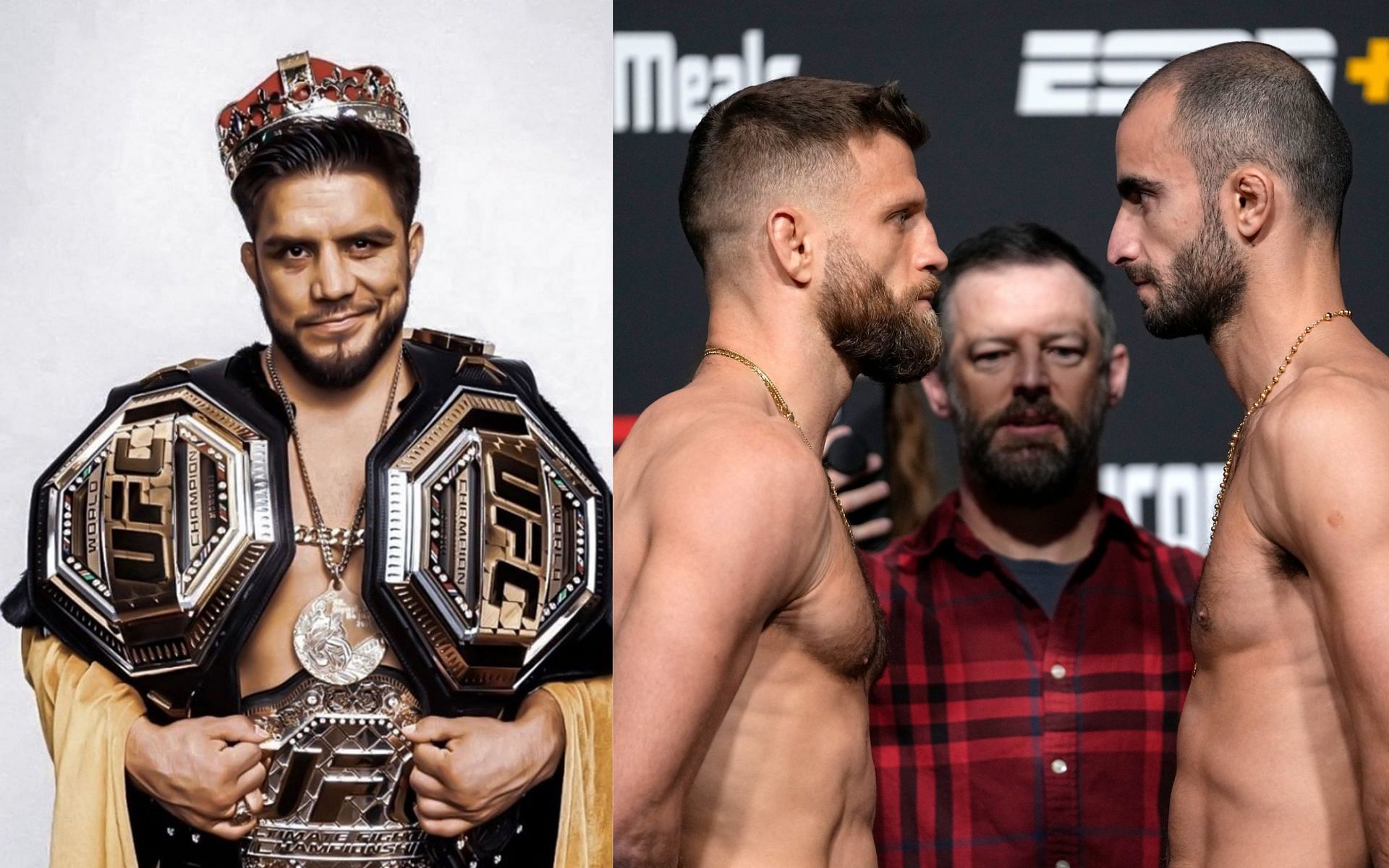 Henry Cejudo (left), Calvin Kattar and Giga Chikadze face-off (right) [Credits: @henry_cejudo via Instagram, @UFCEurope via Twitter]