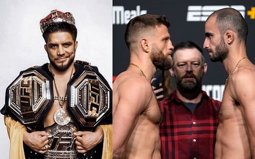 Henry Cejudo (left), Calvin Kattar and Giga Chikadze face-off (right) [Credits: @henry_cejudo via Instagram, @UFCEurope via Twitter]