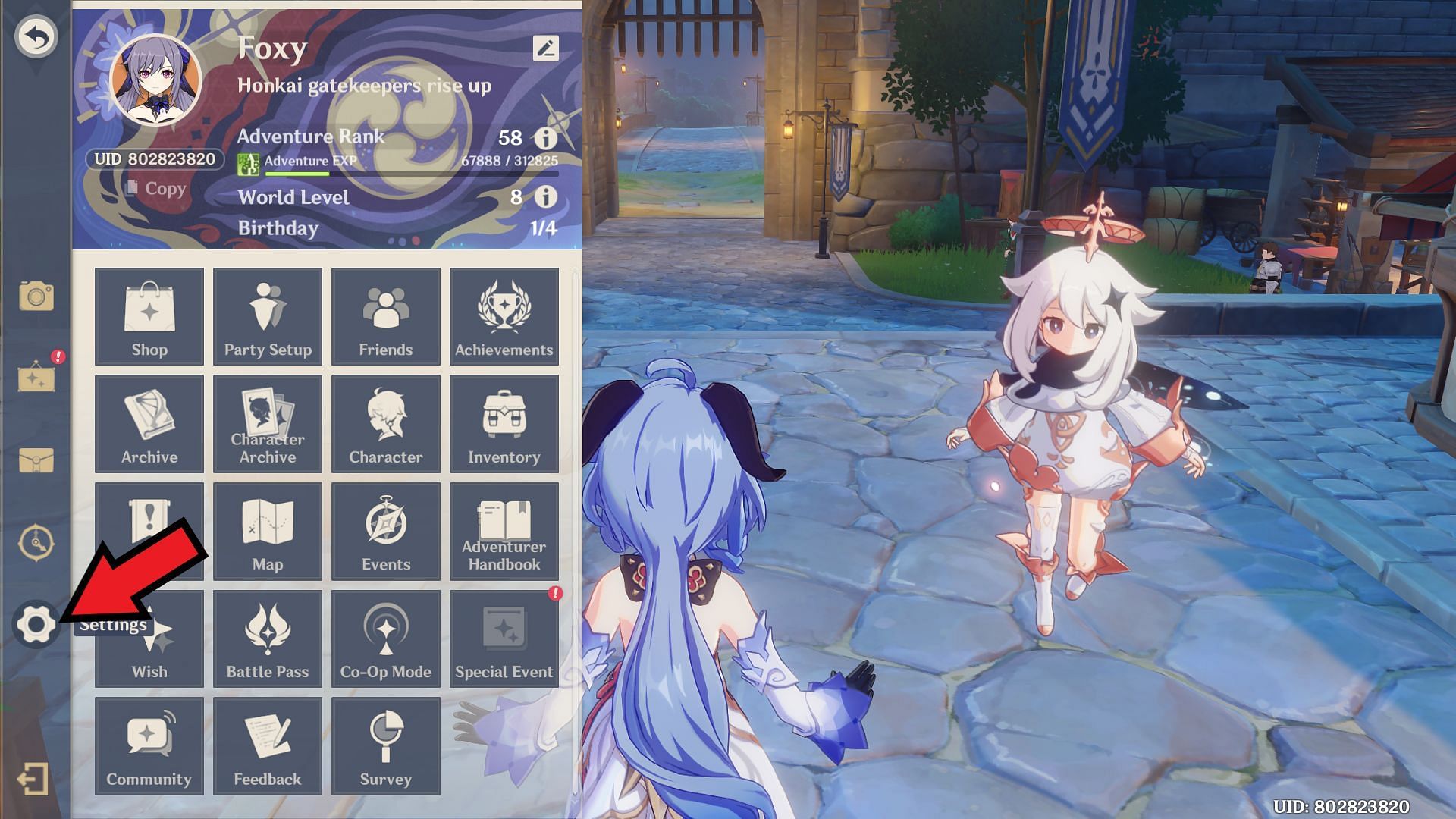 Settings menu on the Paimon screen (Image via MiHoYo)