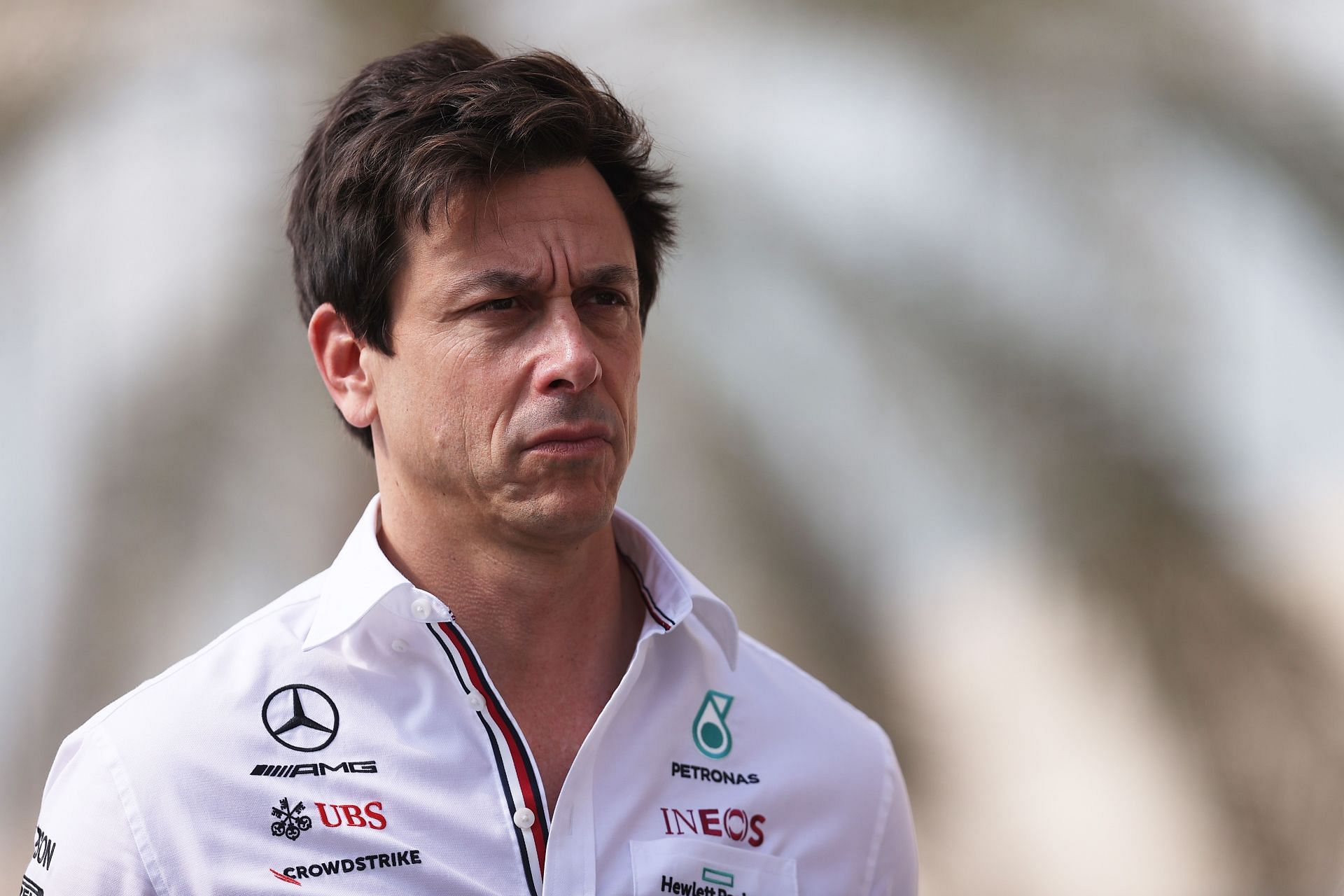 Mercedes team principal Toto Wolff walks in the F1 Paddock (Photo by Lars Baron/Getty Images)