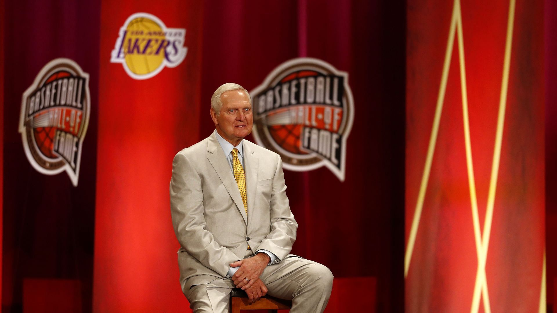 Jerry West looks on during the 2019 Basketball Hall of Fame Enshrinement Ceremony at Symphony Hall on September 06, 2019 in Springfield, Massachusetts.