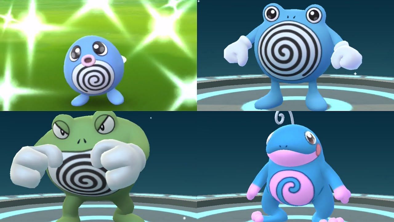 Each member of the Poliwag family in their shiny variant (Image via The Pokemon Company)