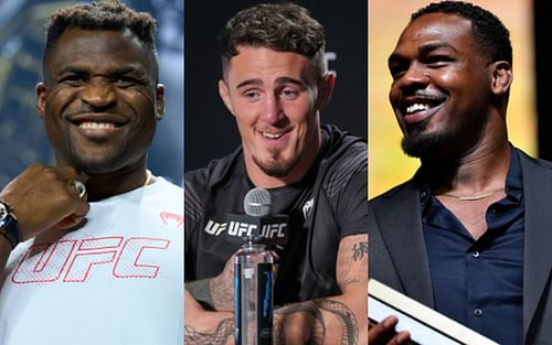 Francis Ngannou (left); Tom Aspinall (center); Jon Jones (right)