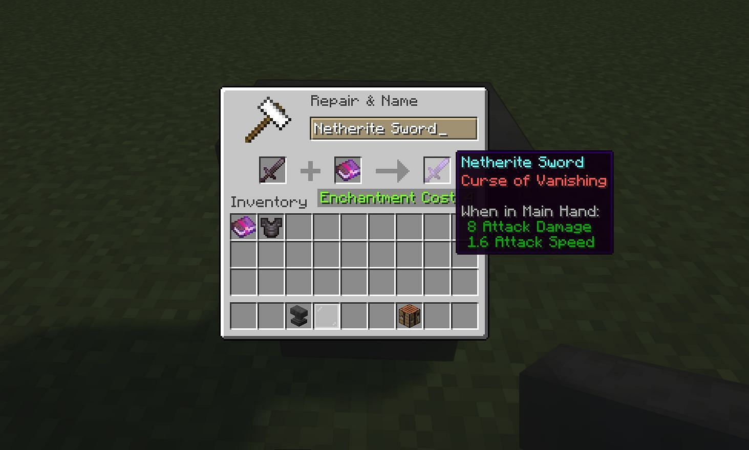 Curse of vanishing on a sword (Image via Minecraft)