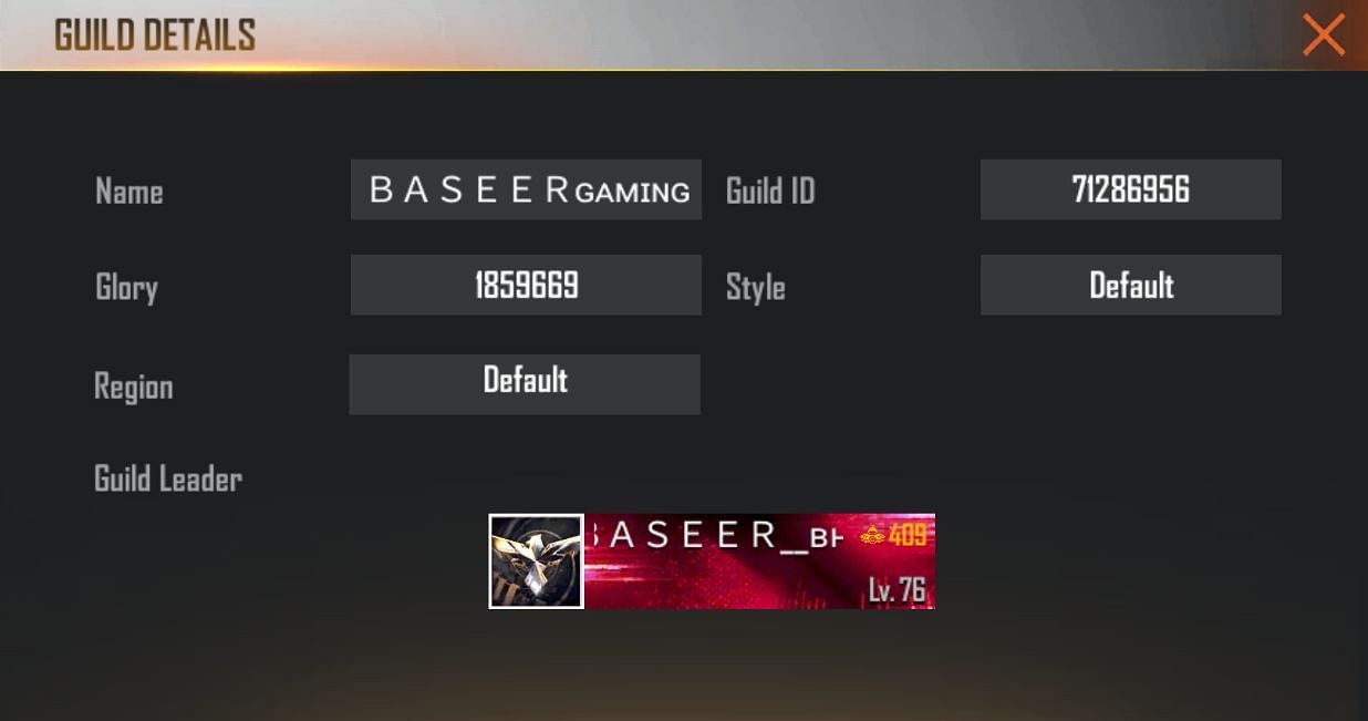 Baseer Gaming&rsquo;s guild details (Image via Garena)