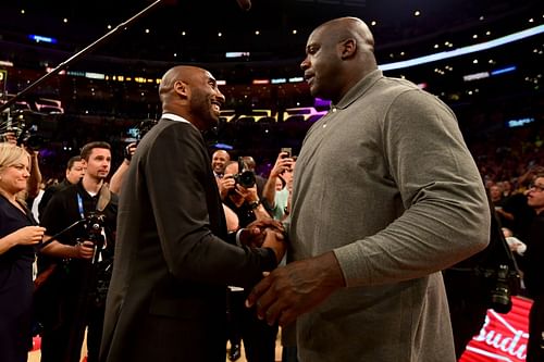 Shaquille O'Neal at Kobe Bryant's jersey retirement ceremony