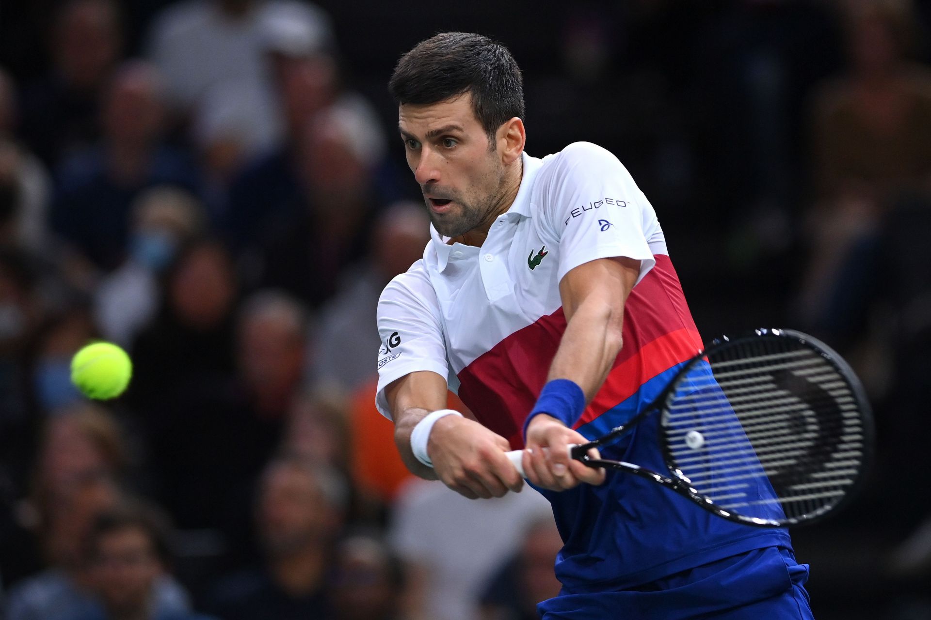 Novak Djokovic in action at the Rolex Paris Masters