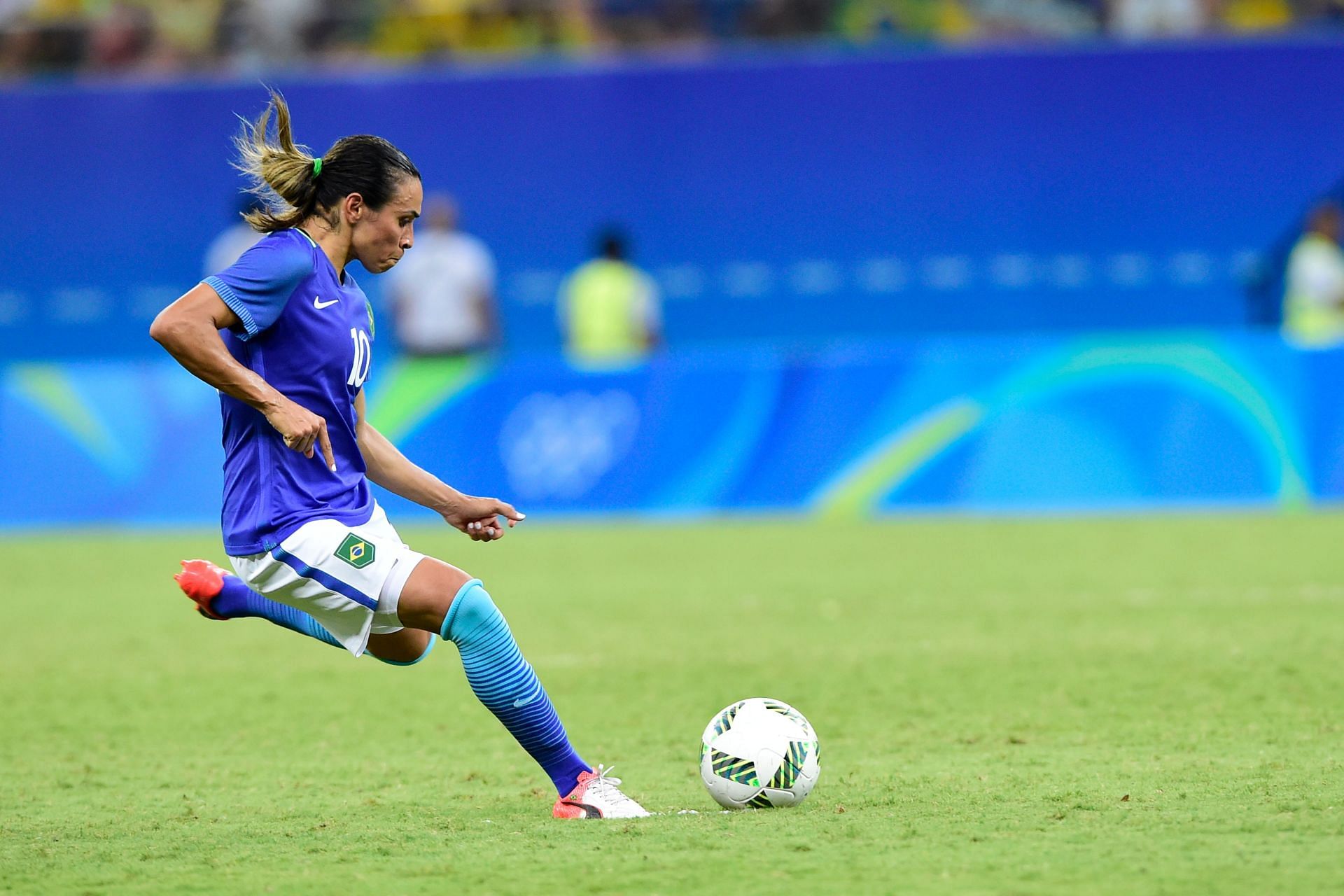 Marta taking a free kick at the Olympics