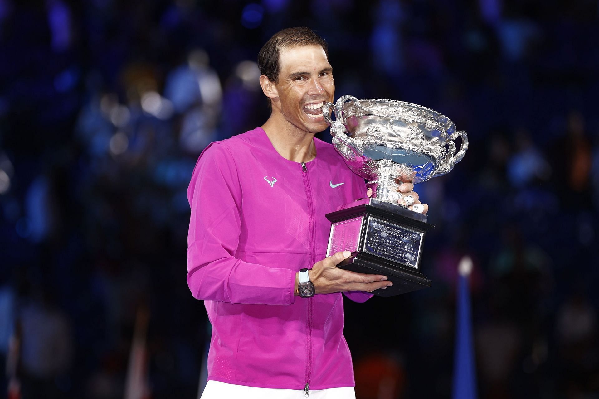 Rafael Nadal with his 2022 Australian Open trophy