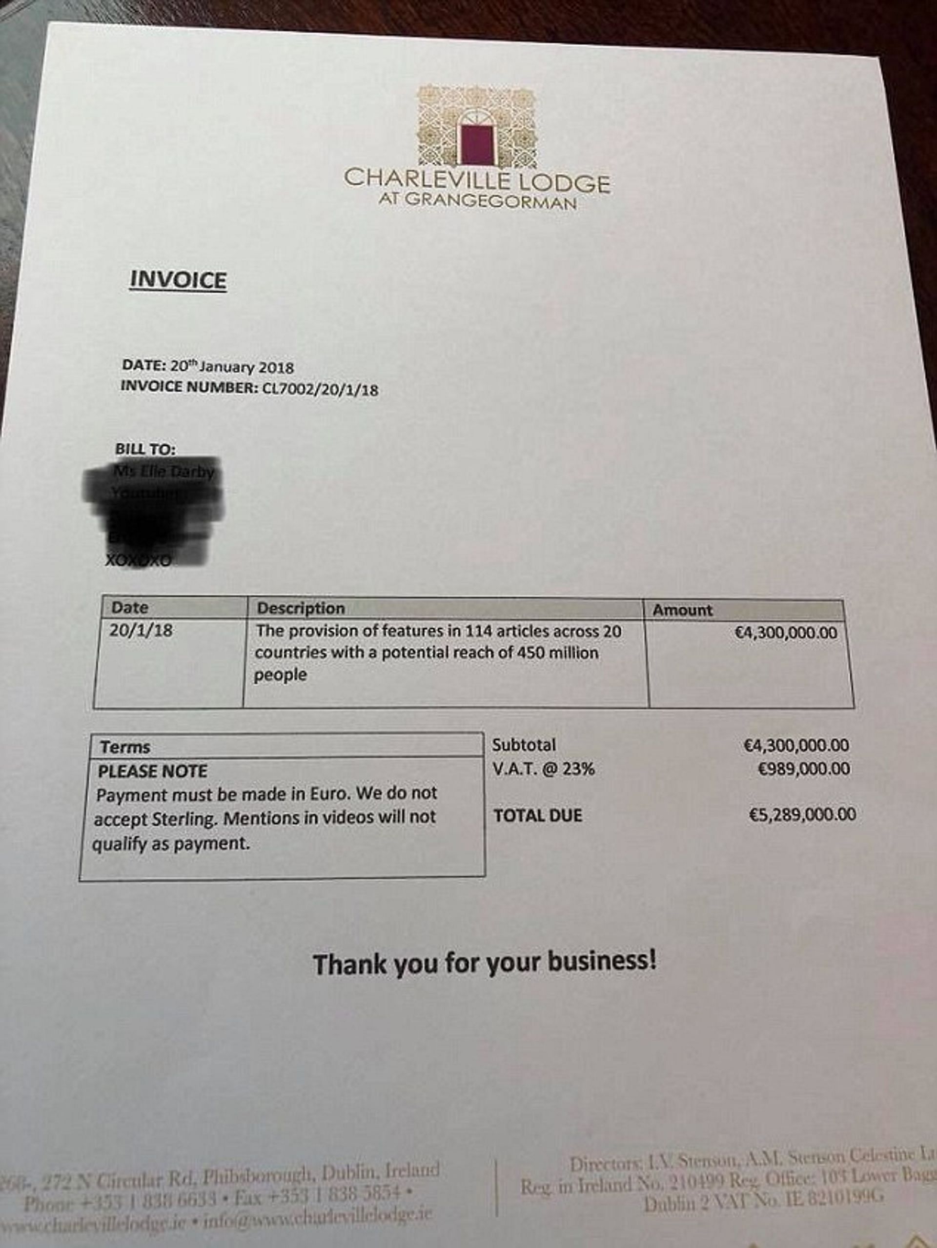 Elle Darby was charged for the exposure she received since the hotel&#039;s story went viral along with her being mentioned (Image via Charleville Lodge Hotel)