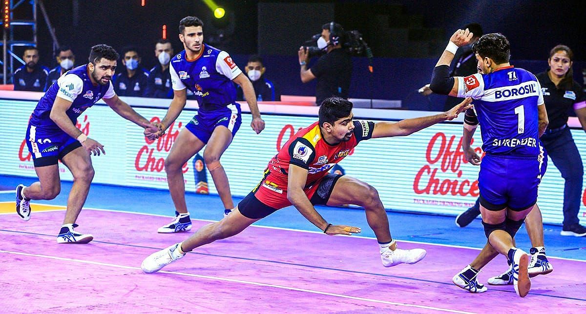 Pawan Sehrawat (raider) of Bengaluru Bulls vs Haryana Steelers