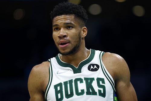 Giannis Antetokounmpo of the Milwaukee Bucks looks on during the second half against the Charlotte Hornets on Jan. 10 in Charlotte, North Carolina.