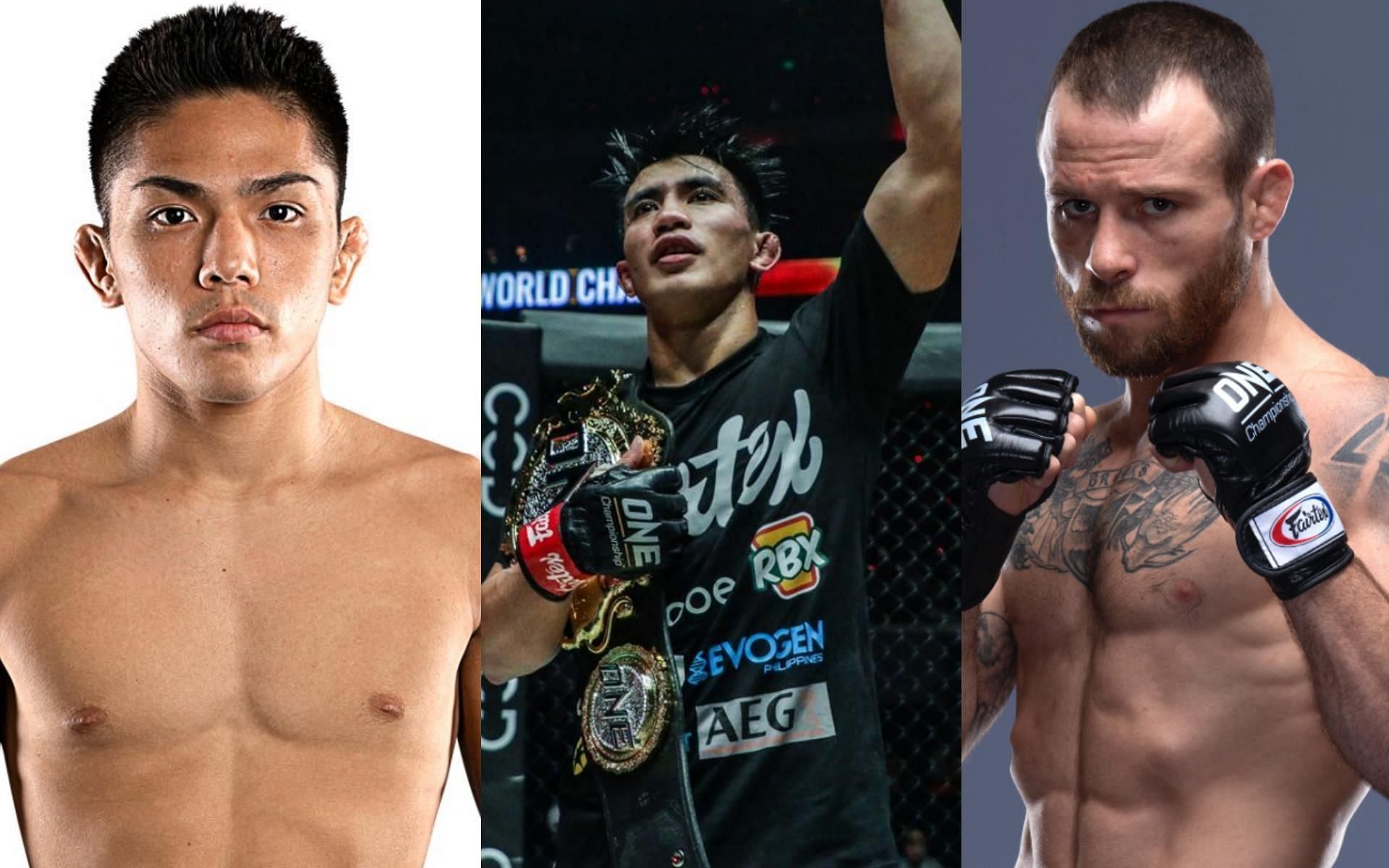 Joshua Pacio (Center) thinks Hiroba Minowa (Left) can beat Jarred Brooks (Right) if it goes the distance. | [Photos: ONE Championship]