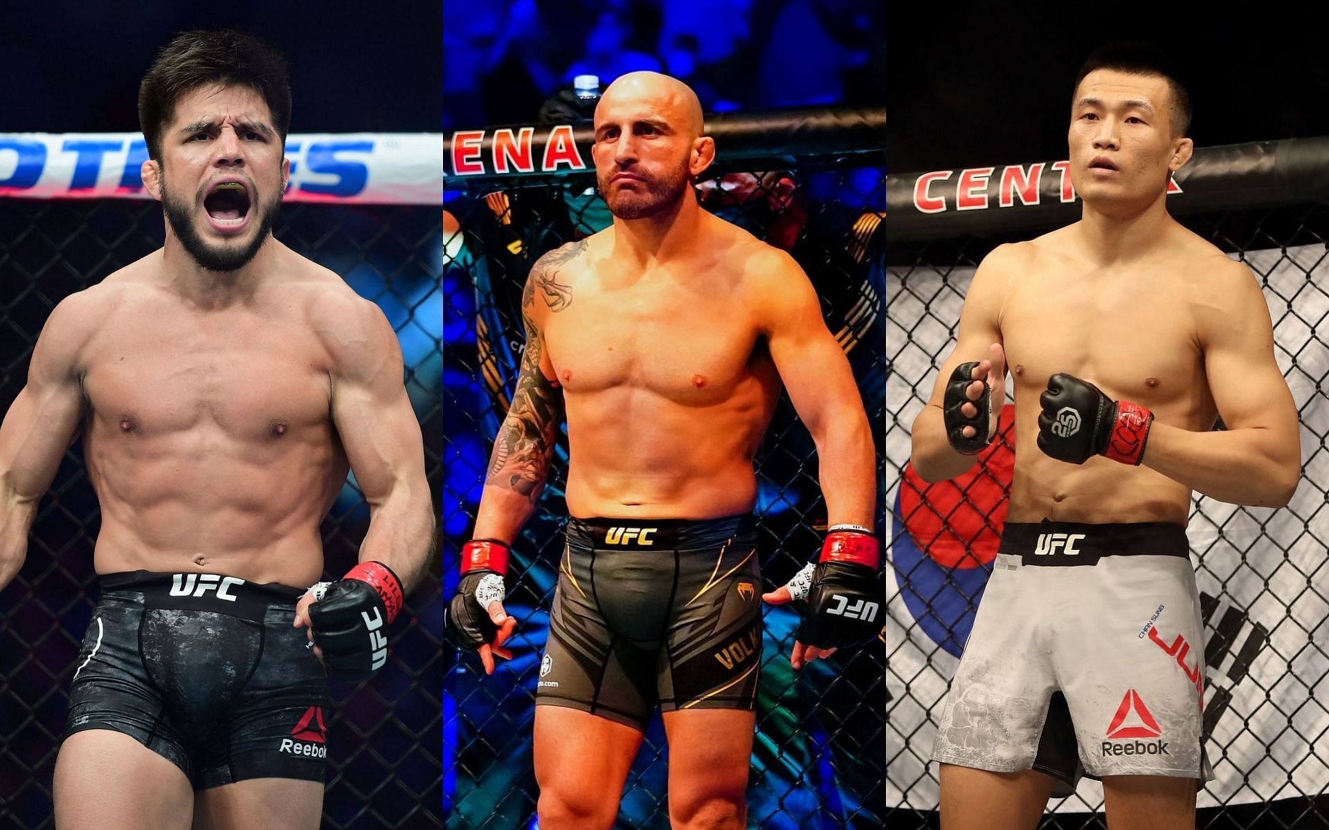 Henry Cejudo (left), Alexander Volkanovski (center) &amp; Chan Sung Jung (right)