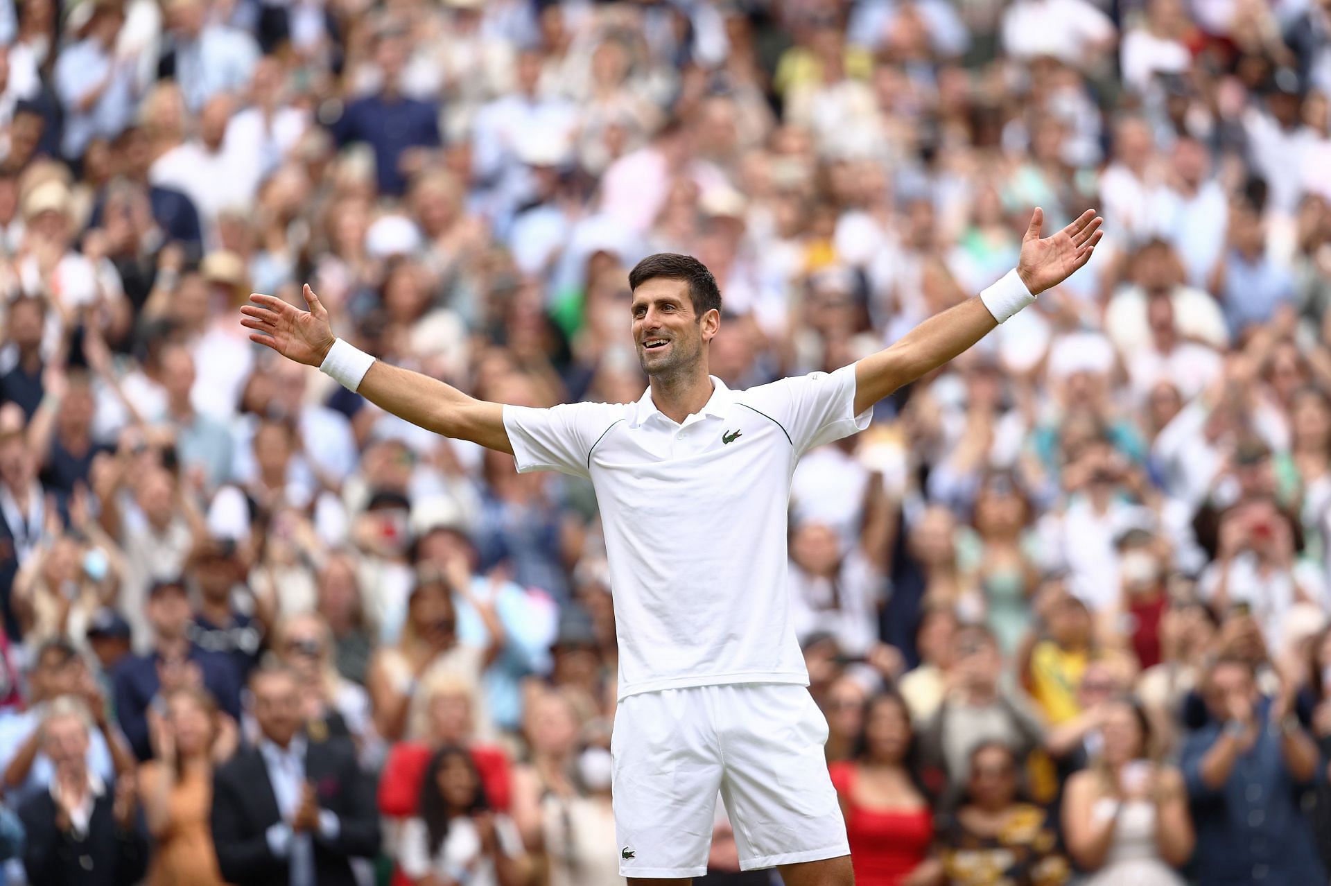 Novak Djokovic celebrates winning the 2021 Wimbledon final against Matteo Berrettini