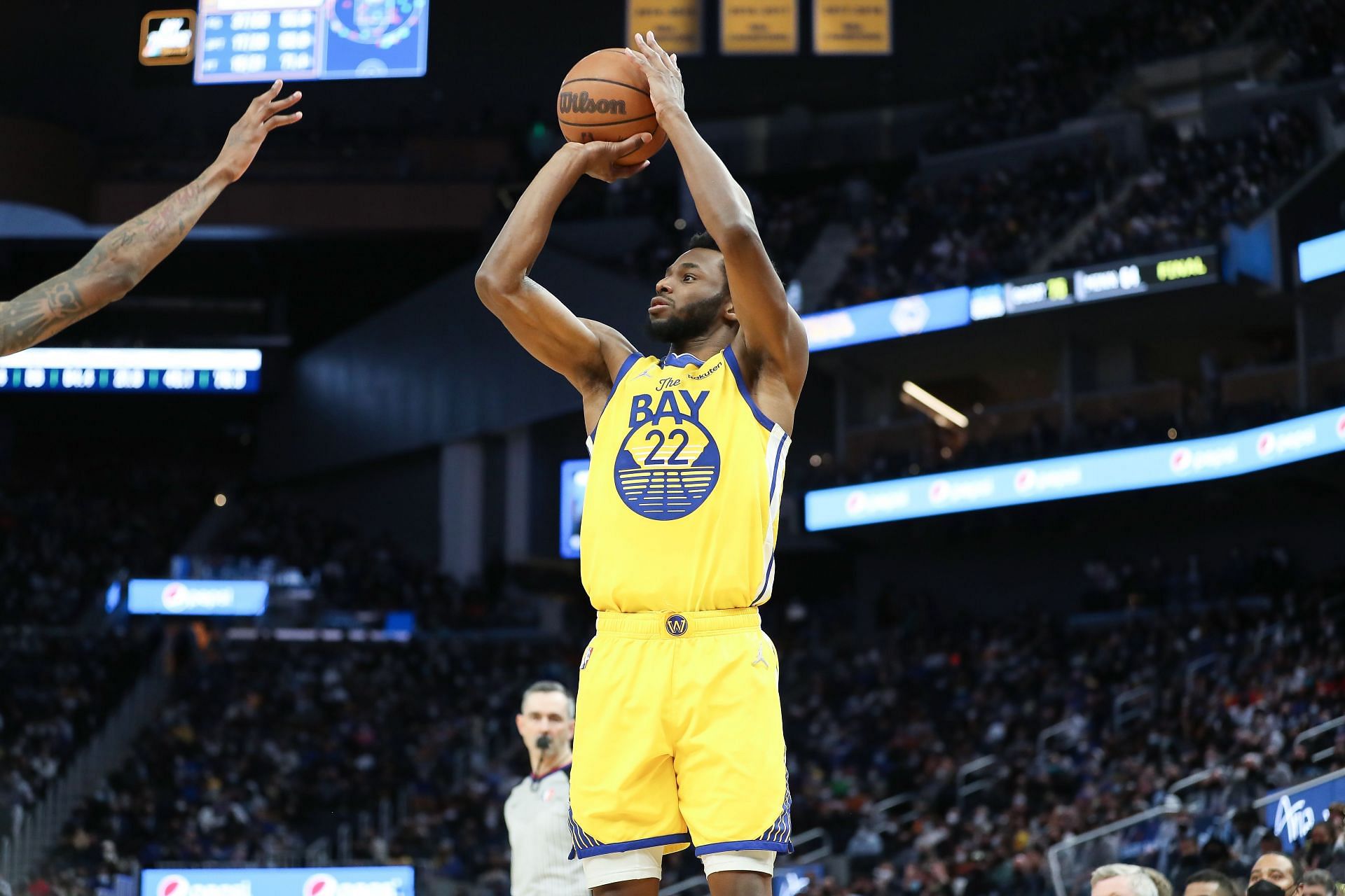 Golden State Warriors All-Star Andrew Wiggins taking a jump shot