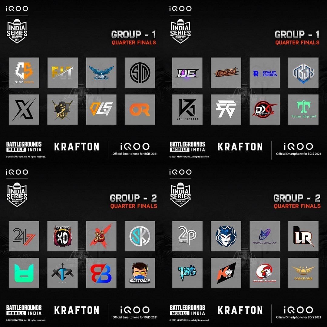 Group 1 and Group 2 teams of BGIS 2021 Quarterfinals (Image via BGMI)