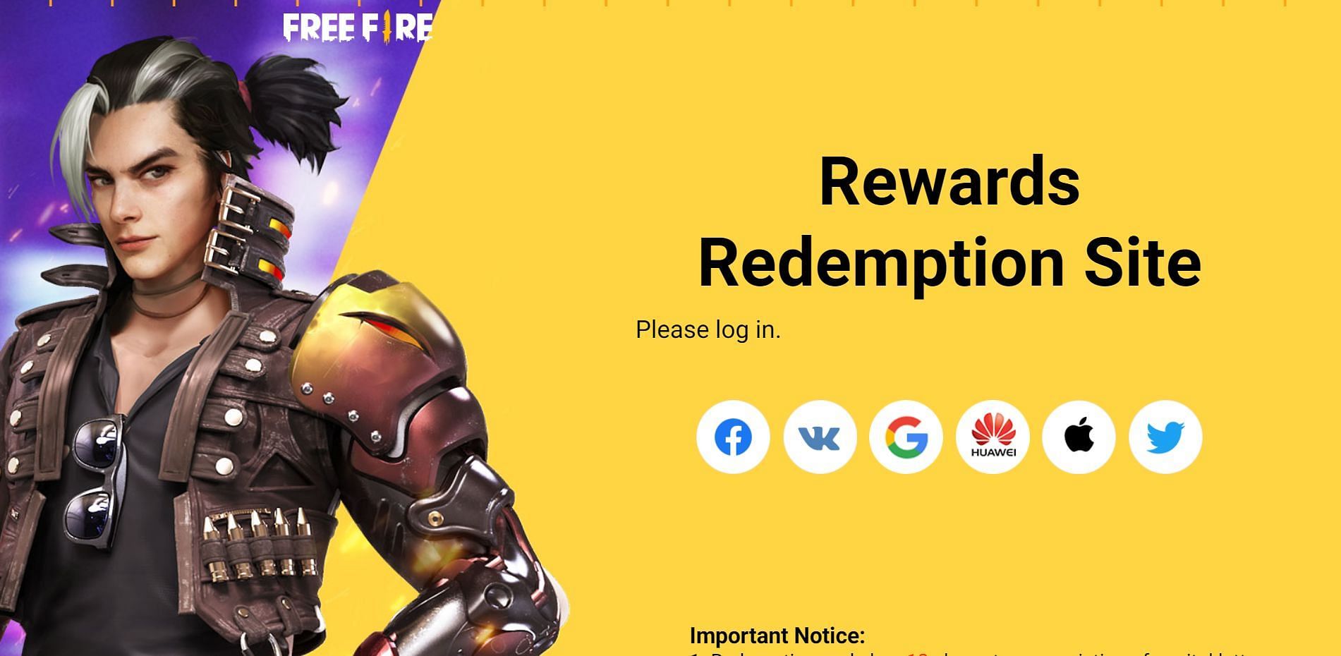 Após estar no Site de Resgate de Recompensas, os jogadores devem fazer login por qualquer um dos métodos (Imagem via Garena)