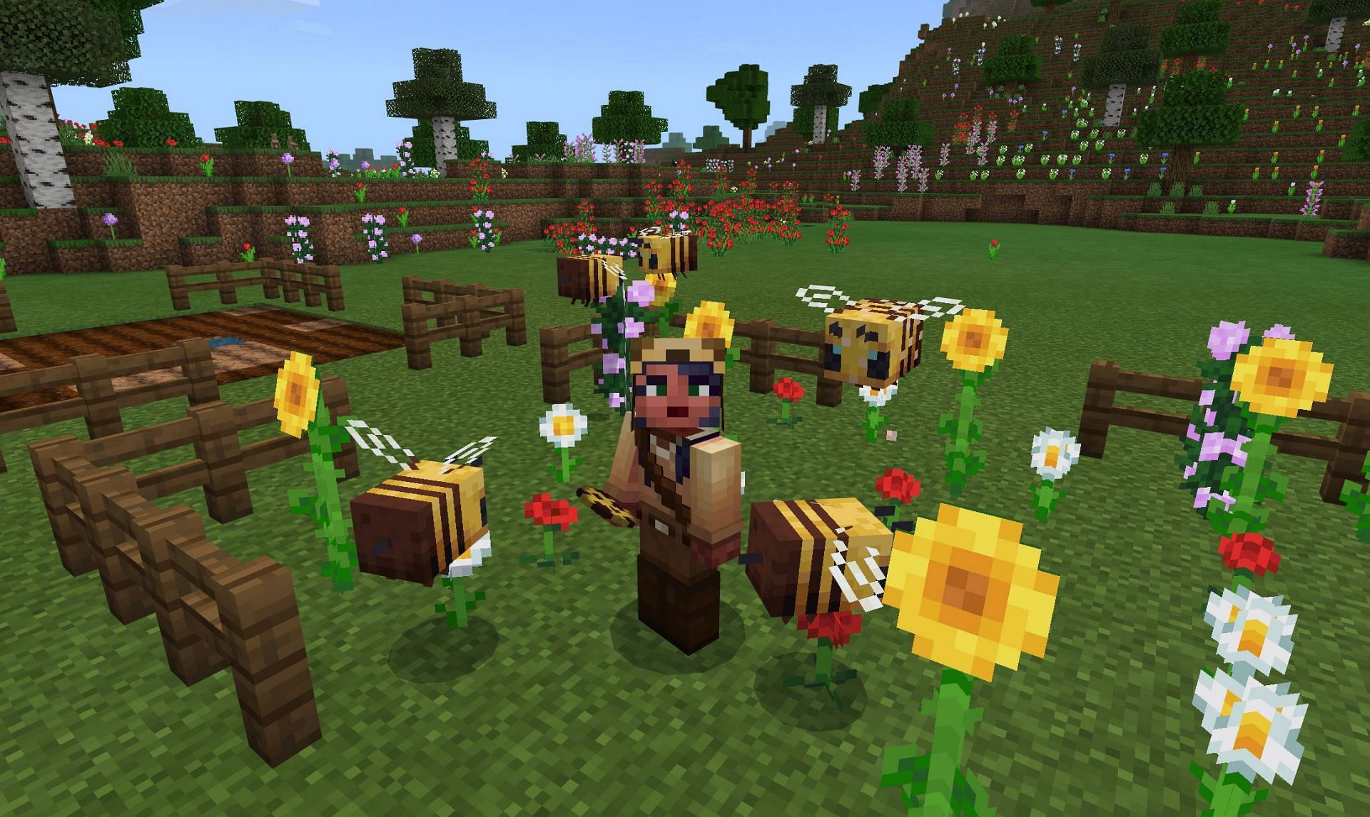 Bee pollination in Minecraft (Image via Minecraft Education Edition)