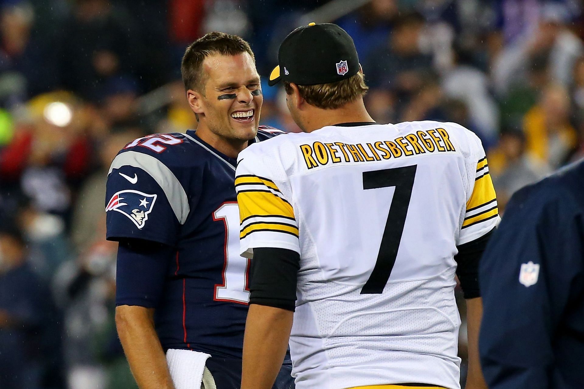 Tom Brady #12 of the New England Patriots and Ben Roethlisberger #7 of the Pittsburgh Steelers speak before the game at Gillette Stadium on September 10, 2015 in Foxboro, Massachusetts.