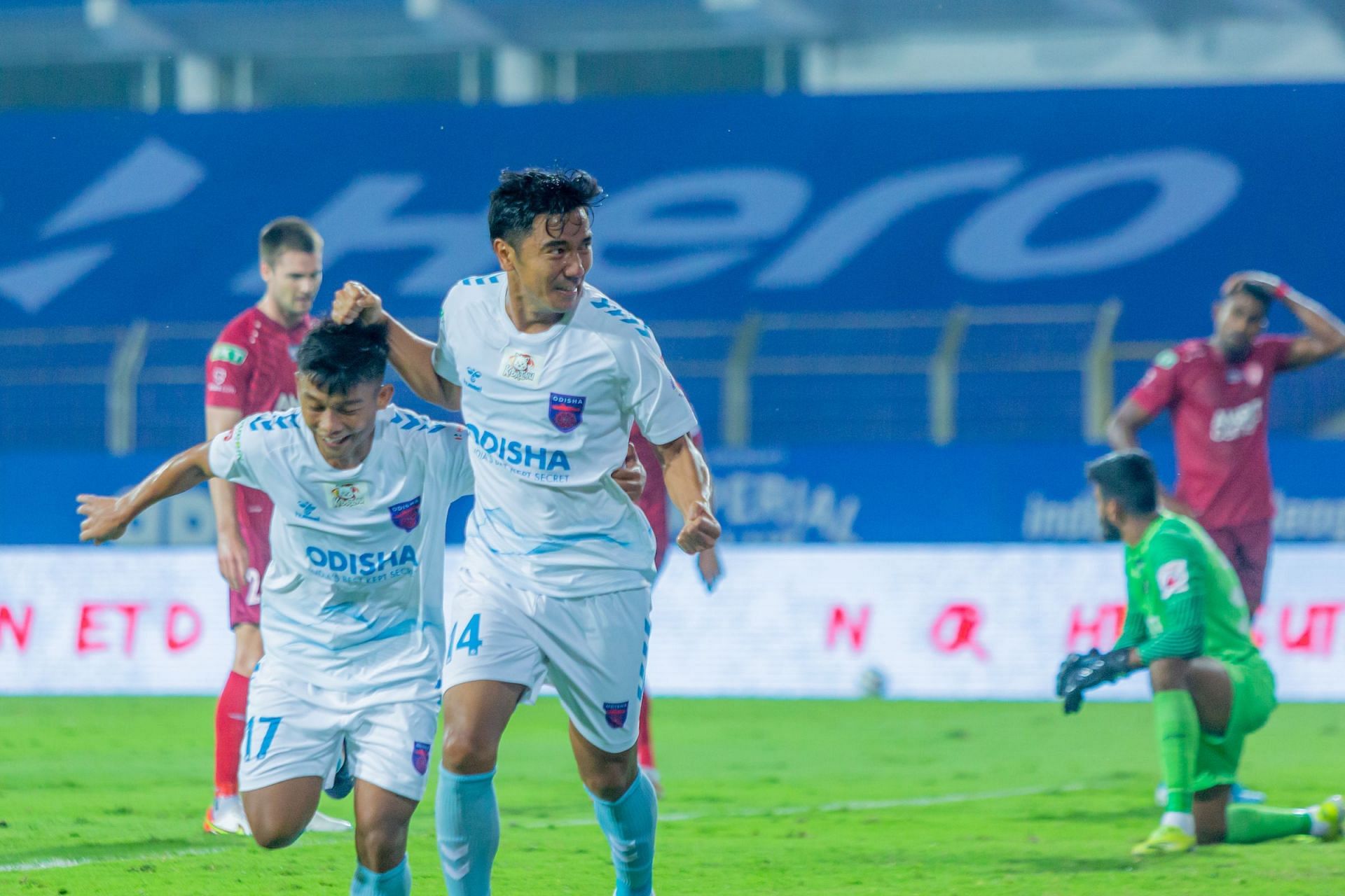 Odisha FC&#039;s Daniel Lalhlimpuia celebrates scoring the first goal against NorthEast United. [Credits: ISL]