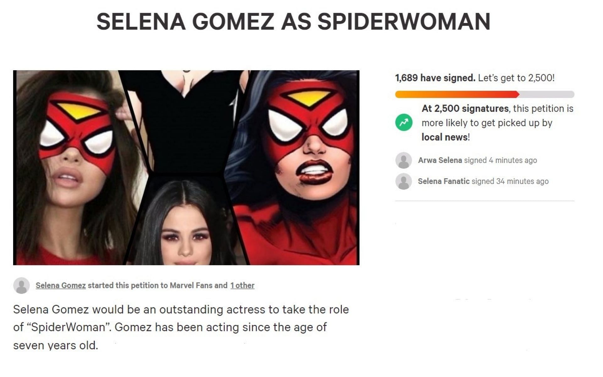 The petition that has asked for Selena Gomez to be cast as Spider-Woman (Image via Sportskeeda)