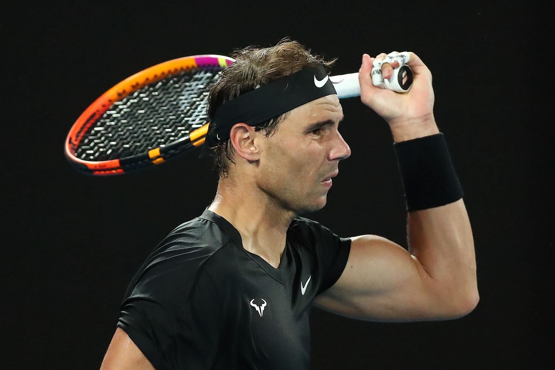 Rafael Nadal unloads on a forehand at the Melbourne Summer Set 2022