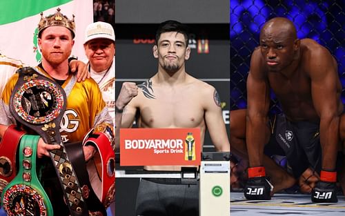 Saul 'Canelo' Alvarez (left), Brandon Moreno (Center), Kamaru Usman (right) [Images via Getty: Canelo Alvarez v Caleb Plant, UFC 256: Weigh-Ins & UFC 268: Usman v Covington 2]