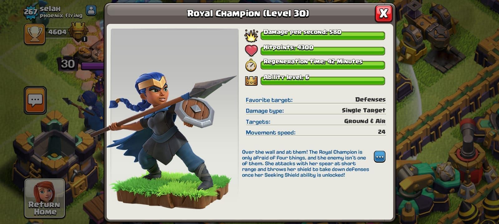 Clash of Clans Royal Champion statistics (Image via Sportskeeda)