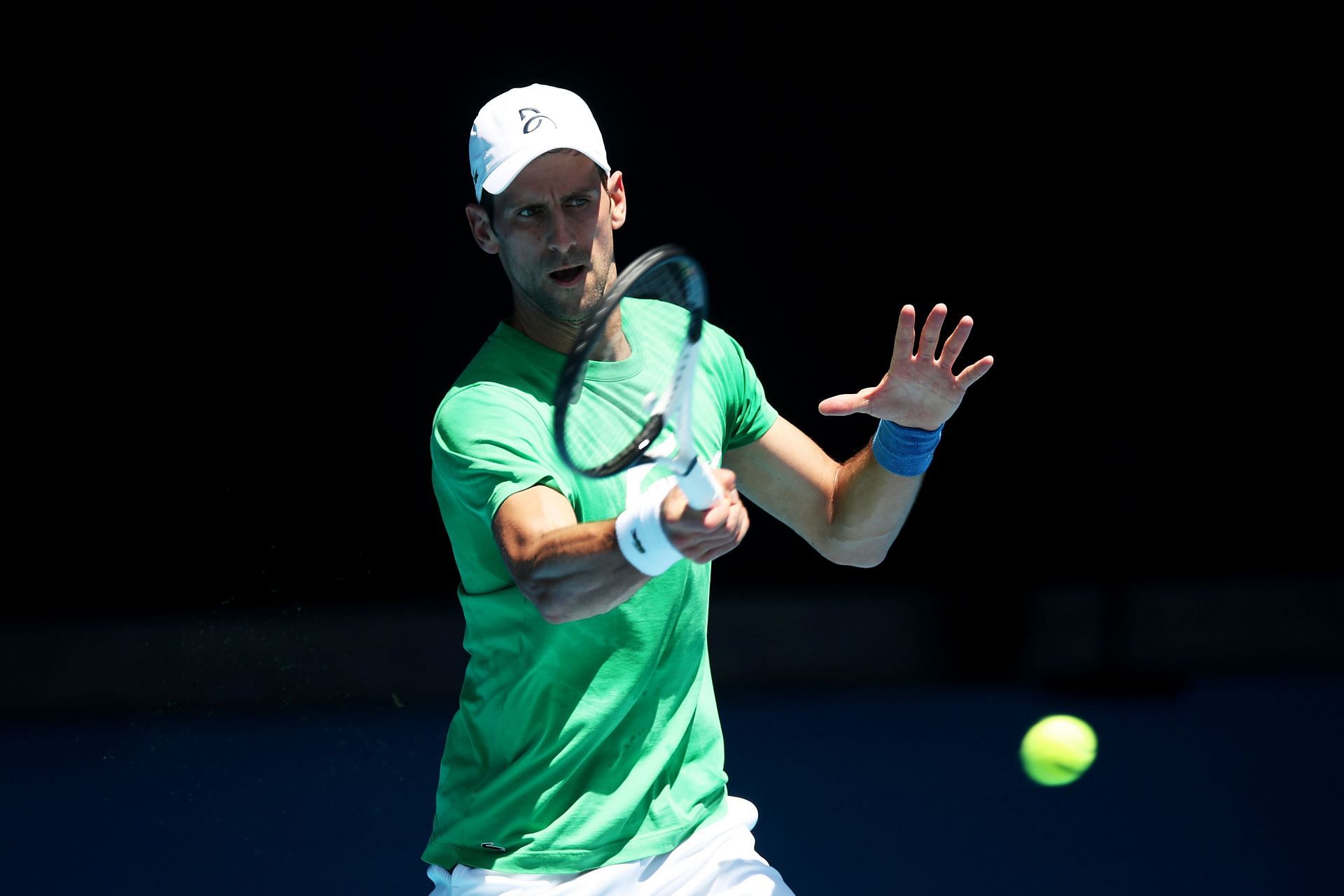 Novak Djokovic practicing ahead of the 2022 Australian Open