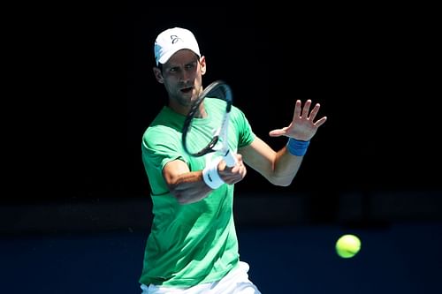 Novak Djokovic practicing ahead of the 2022 Australian Open