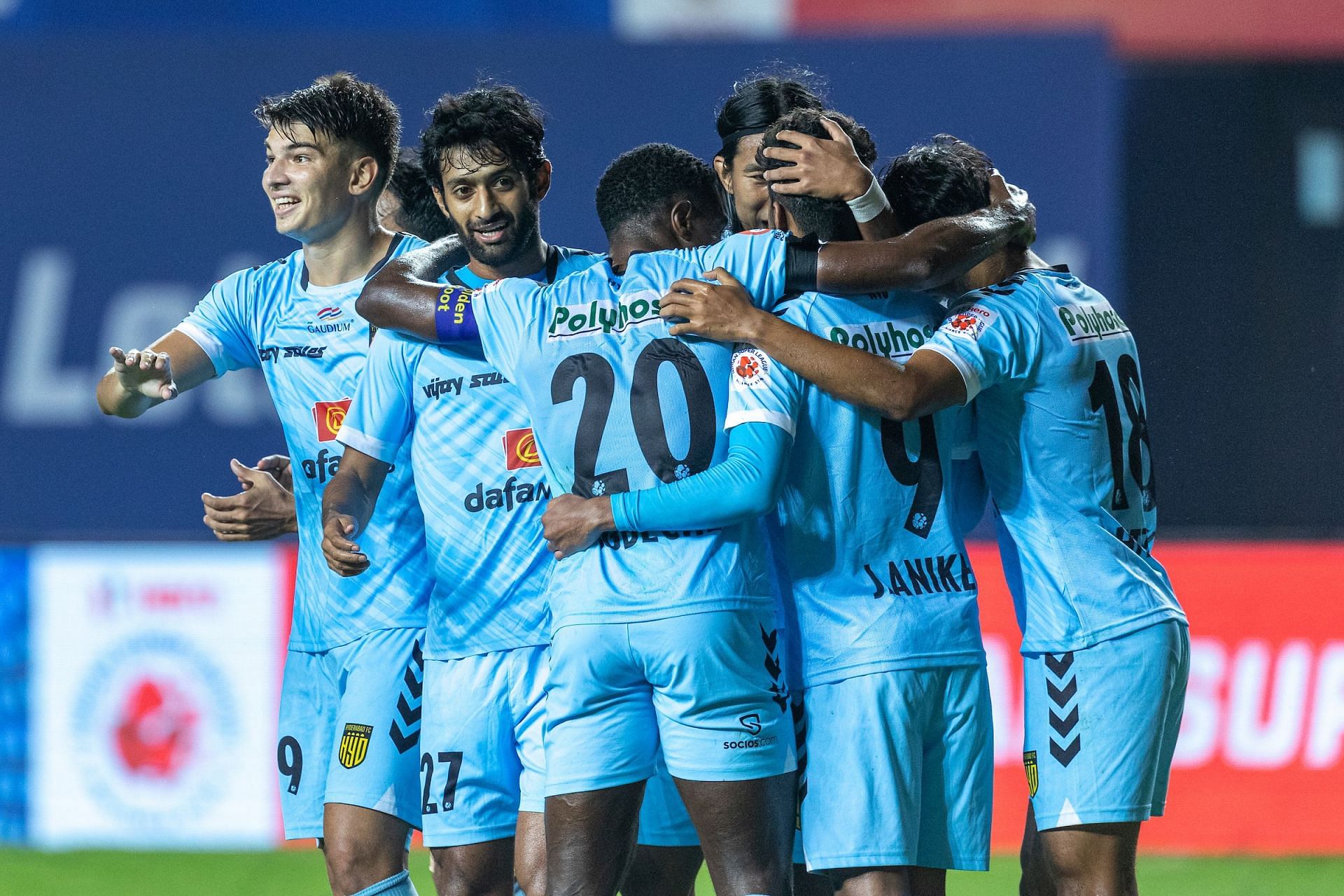 Hyderabad FC players celebrate after scoring a goal against SC East Bengal. (Image Courtesy: ISL Media)