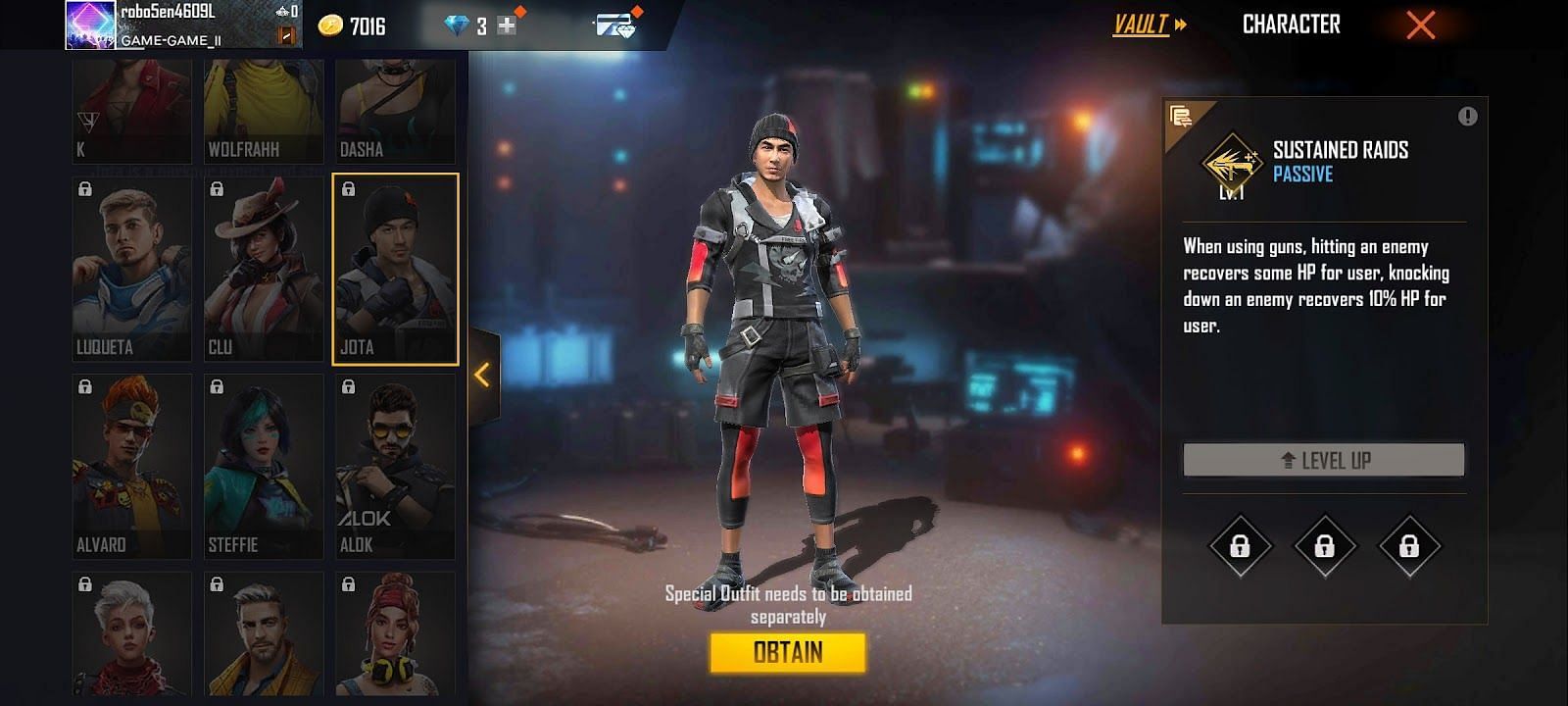 Jota&#039;s &#039;Sustained Raids&#039; ability (Image via Garena Free Fire)