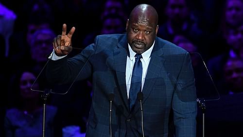 Shaquille O'Neal giving a speech at Kobe Bryant's memorial, A Celebration of Life