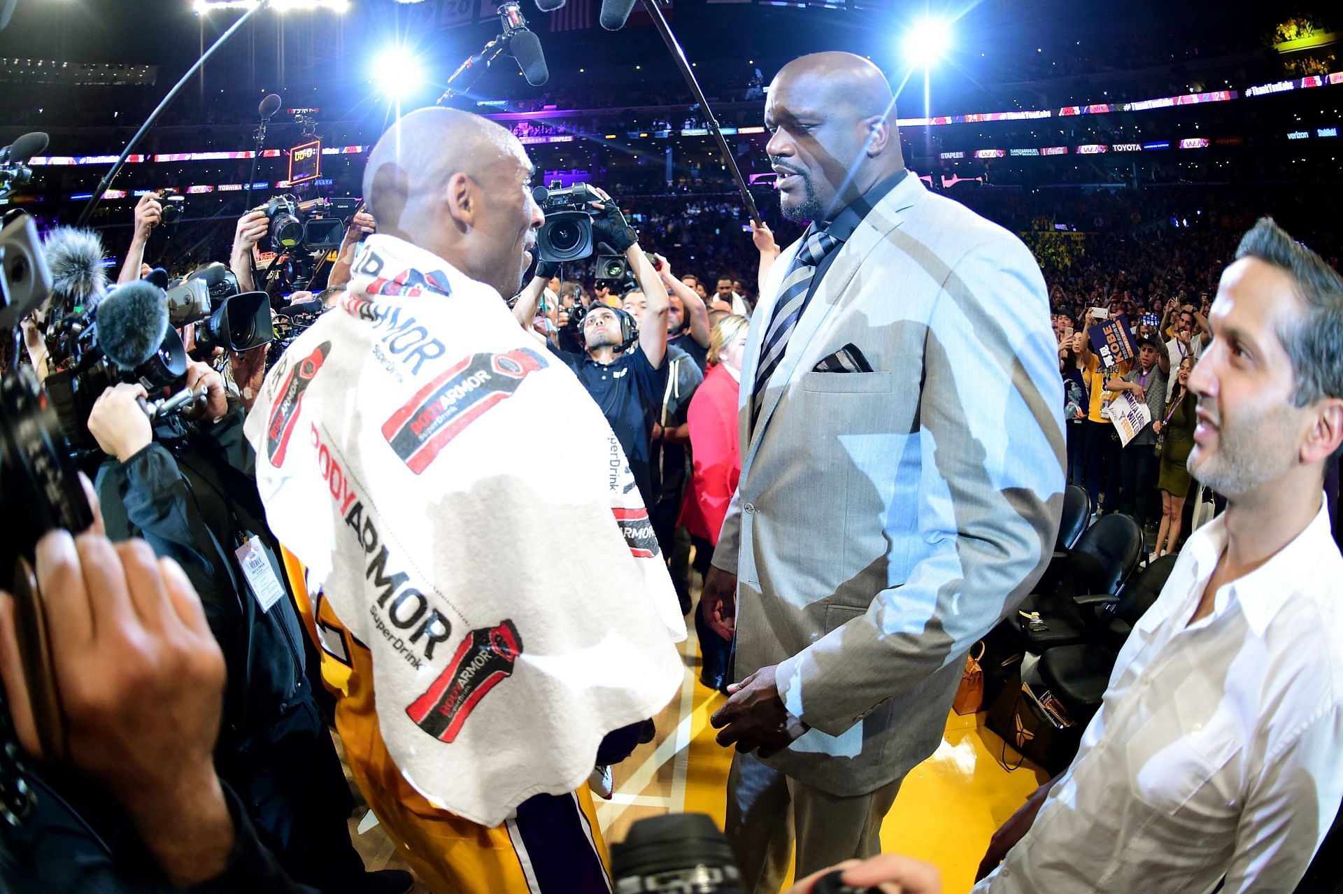 Kobe Bryant and Shaquille O&#039;Neal at the former&#039;s final NBA game