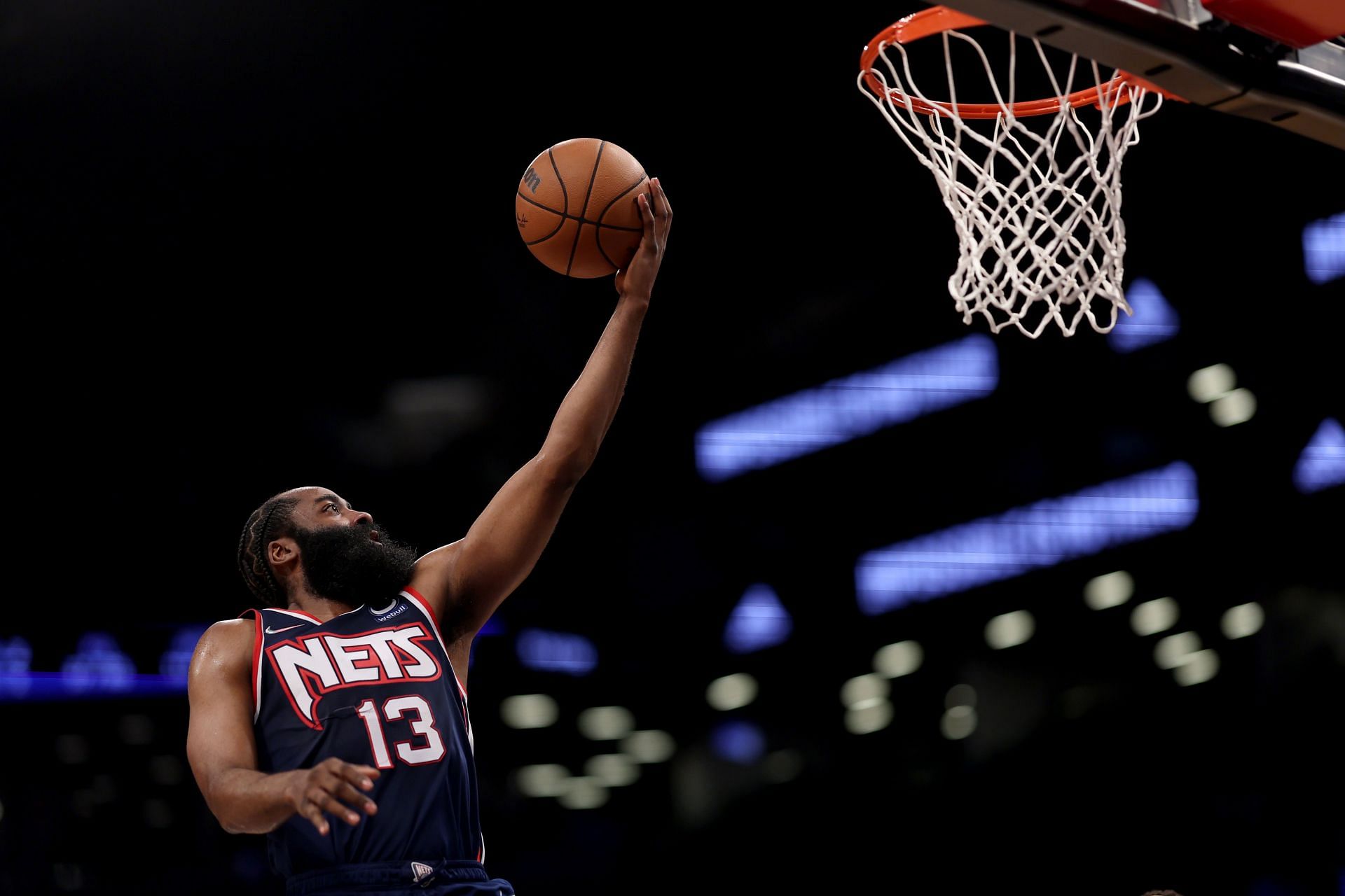 James Harden #13 of the Brooklyn Nets makes a layup during the fourth quarter against the Los Angeles Clippers at Barclays Center on January 01, 2022 in New York City.