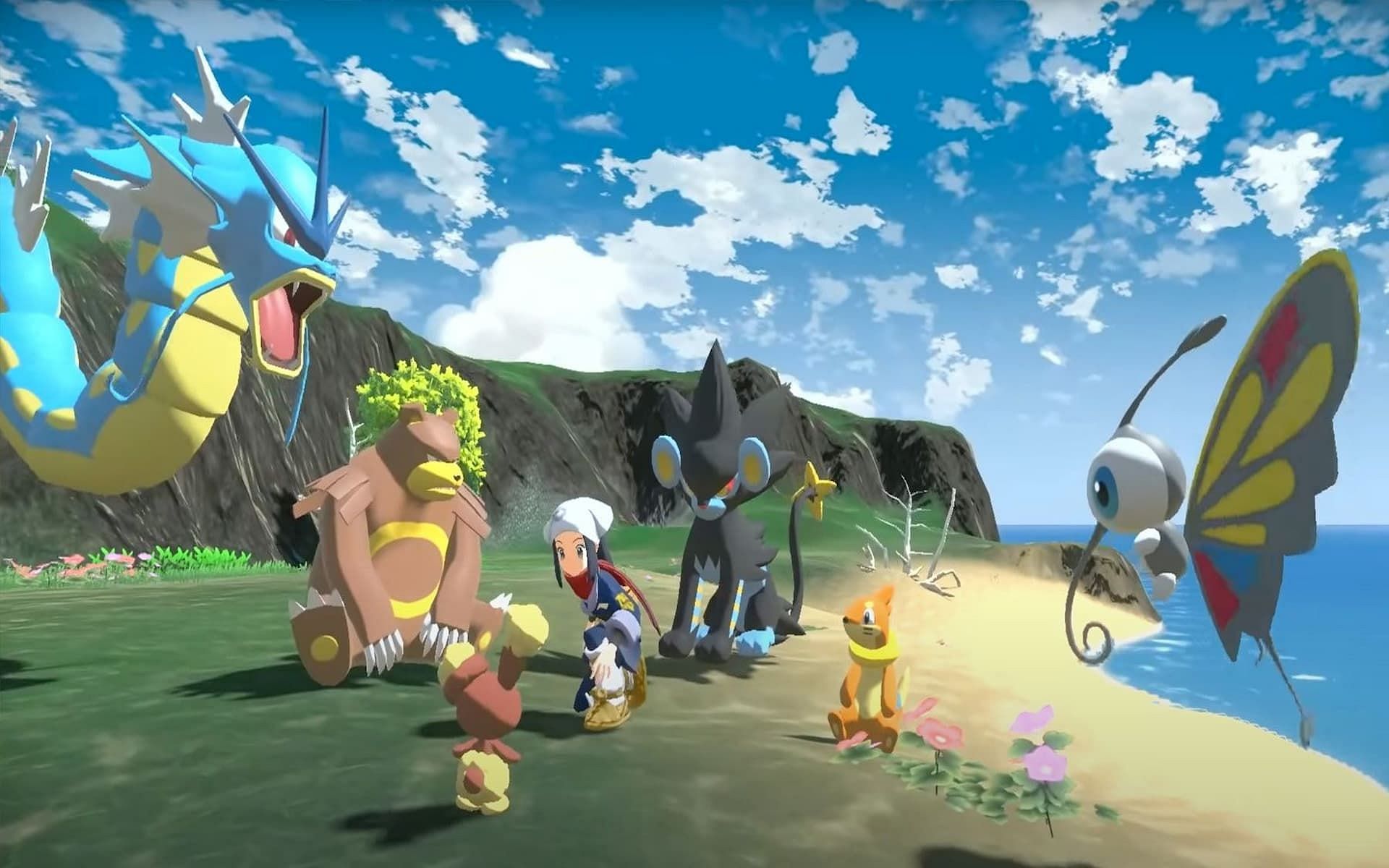 A trainer surrounded by Pokemon in Pokemon Legends Arceus (Image via Game Freak)