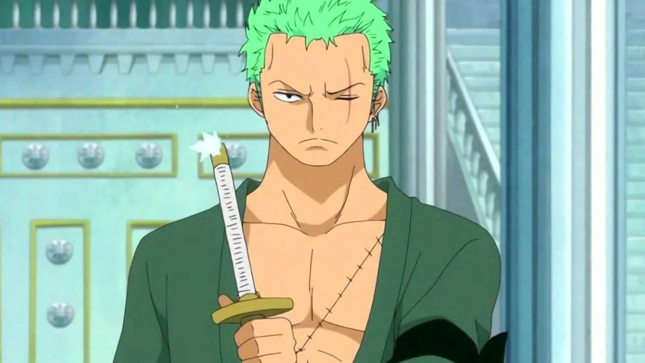 Zoro seen after the timeskip with his left eye closed (Image via Toei Animation)