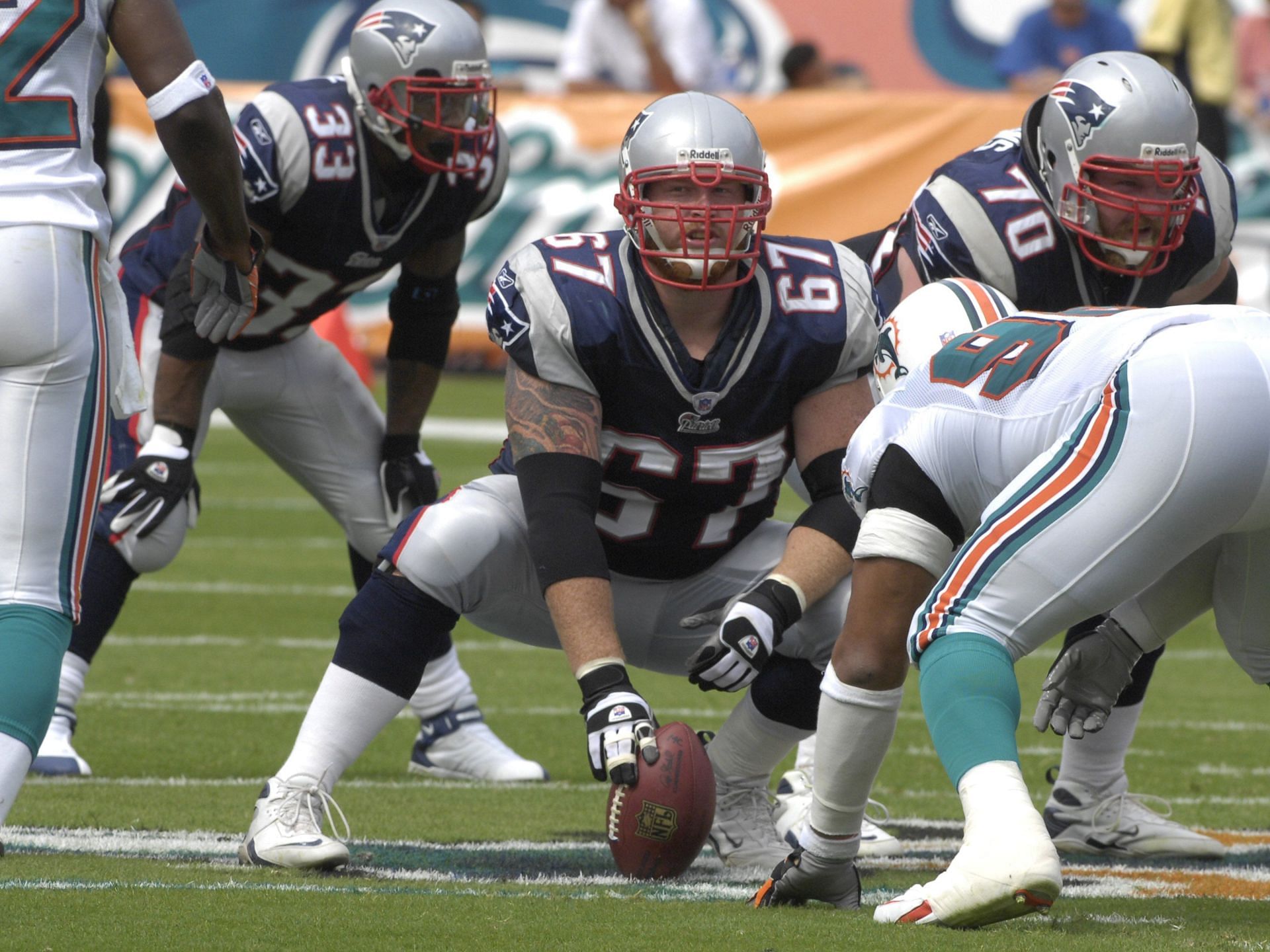 Koppen (67) seen on the Patriots' line in 2007 (Photo: Getty)