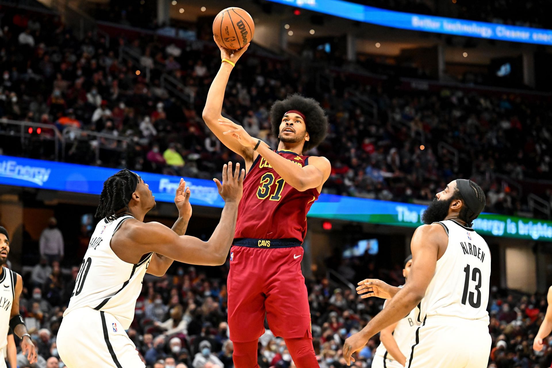 Jarrett Allen attempts a jump hook shot