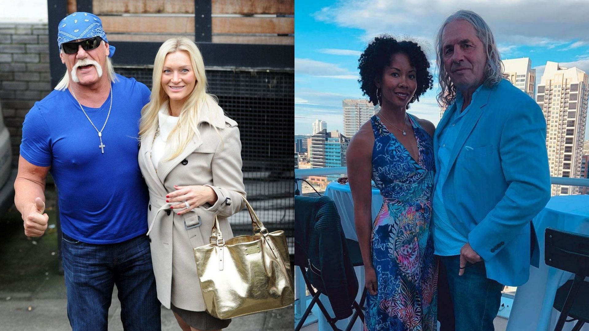 Hulk Hogan with wife (left) and Bret Hart with wife (right)