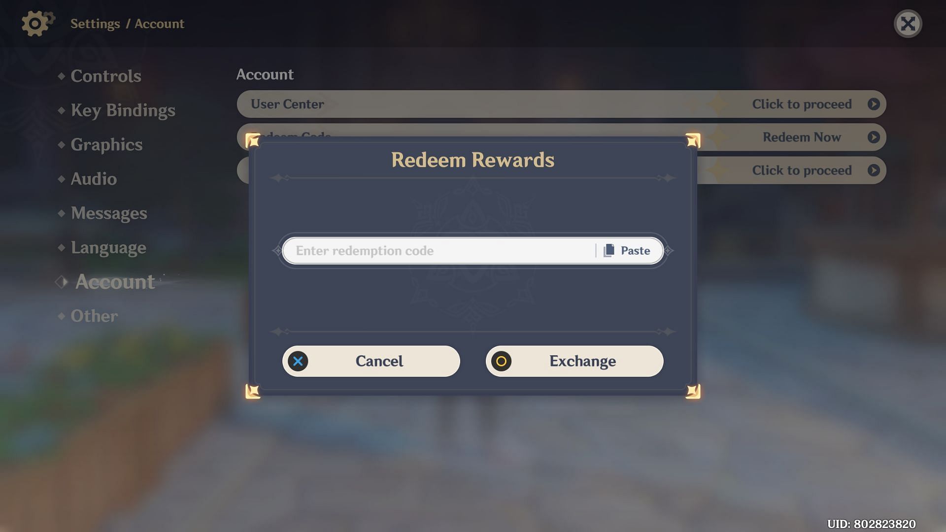 Account tab for redeeming codes (Image via MiHoYo)