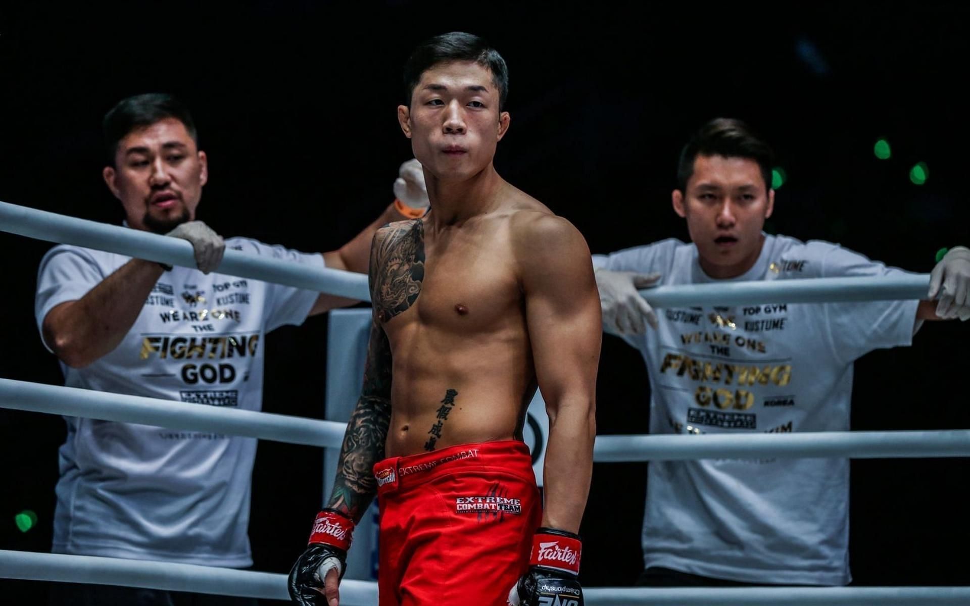 Kim Jae Woong (center) faces Tang Kai in the main card of ONE Only The Brave. (Image courtesy of ONE Championship)