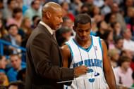 Head coach Byron Scott talks with Chris Paul #3 of the New Orleans Hornets.