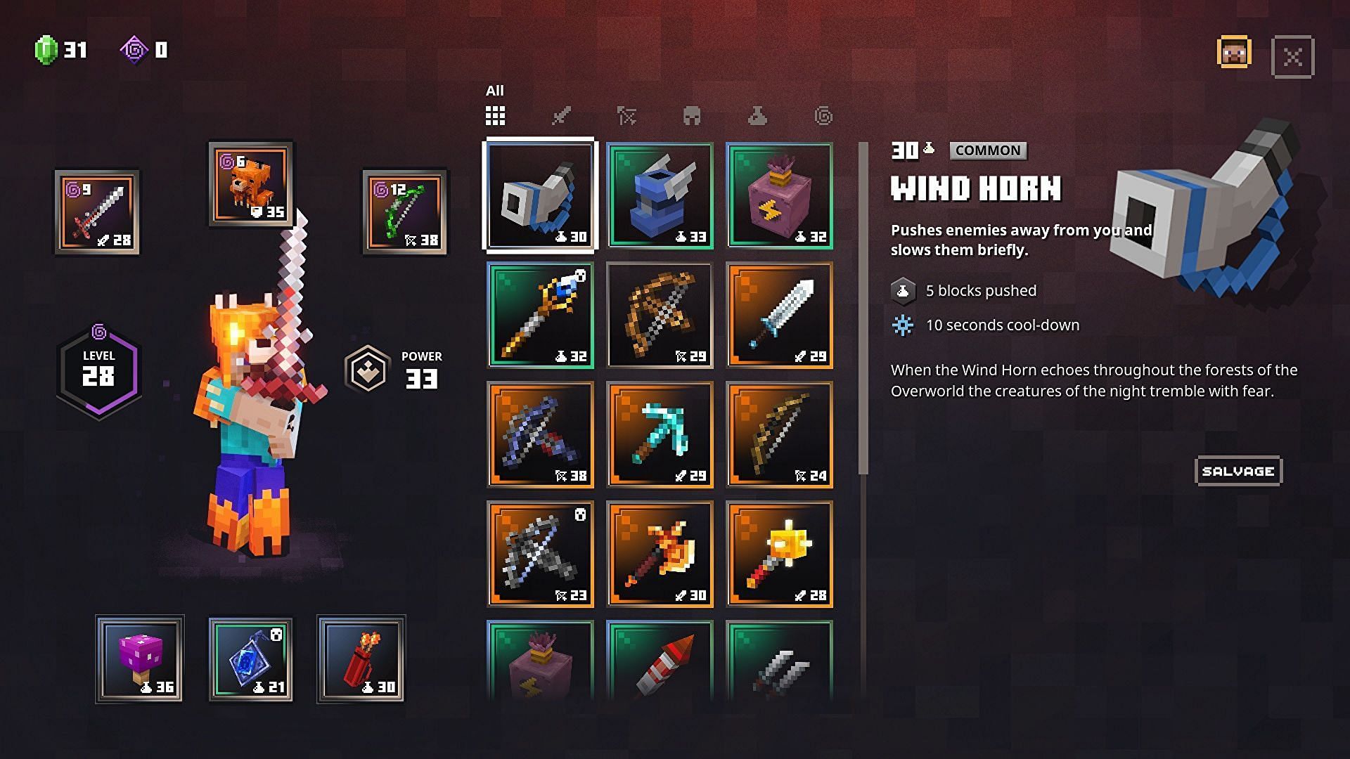 Unique gear is listed with an orange background (Image via Mojang)
