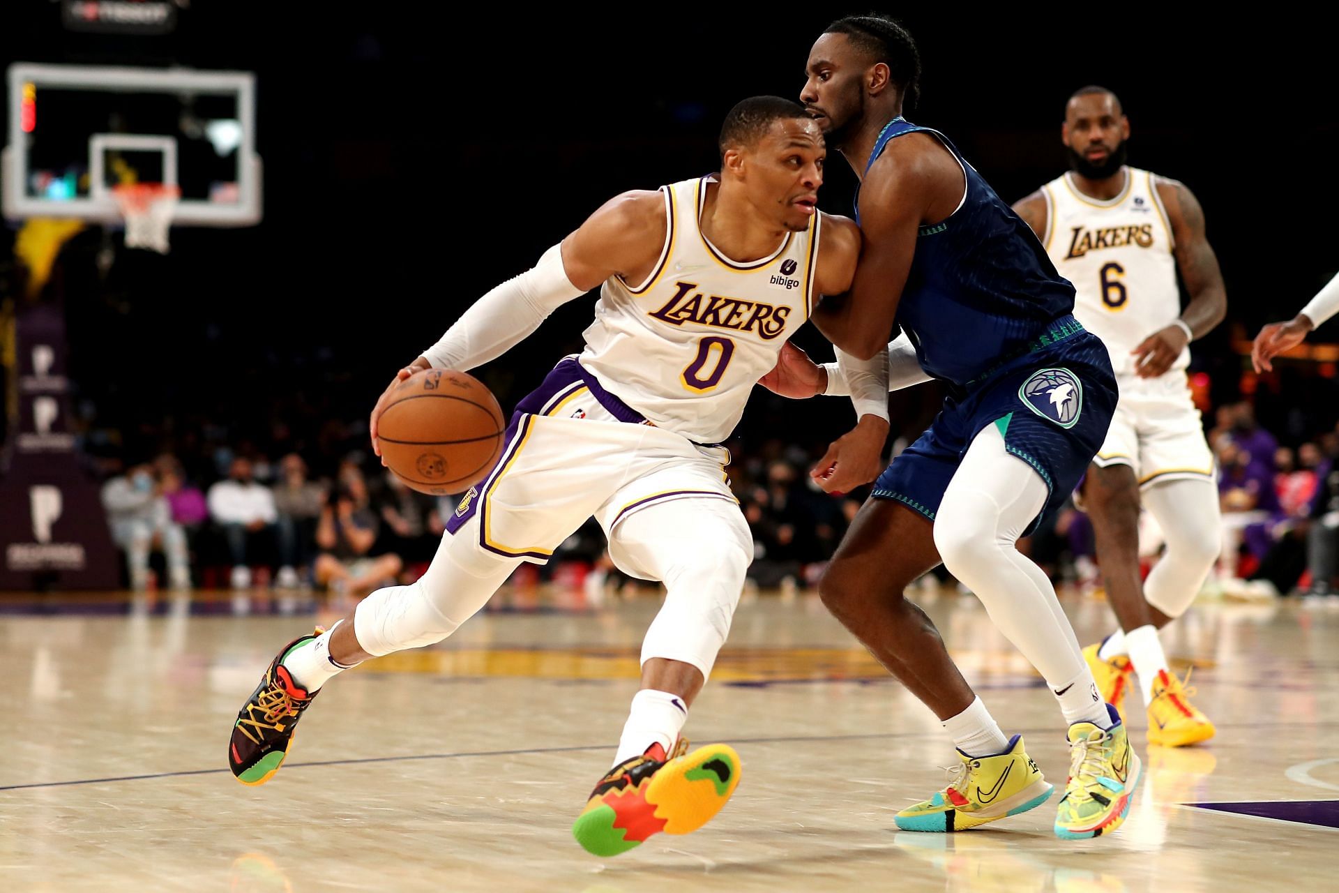 Minnesota Timberwolves v Los Angeles Lakers; Russell Westbrook driving against Jaylen Nowell