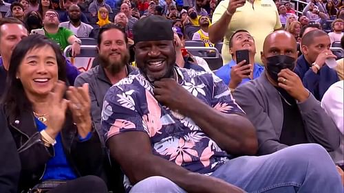 Shaquille O'Neal at courtside in Lakers vs Magic game. (Photo: Courtesy of @BleacherReport/Twitter)