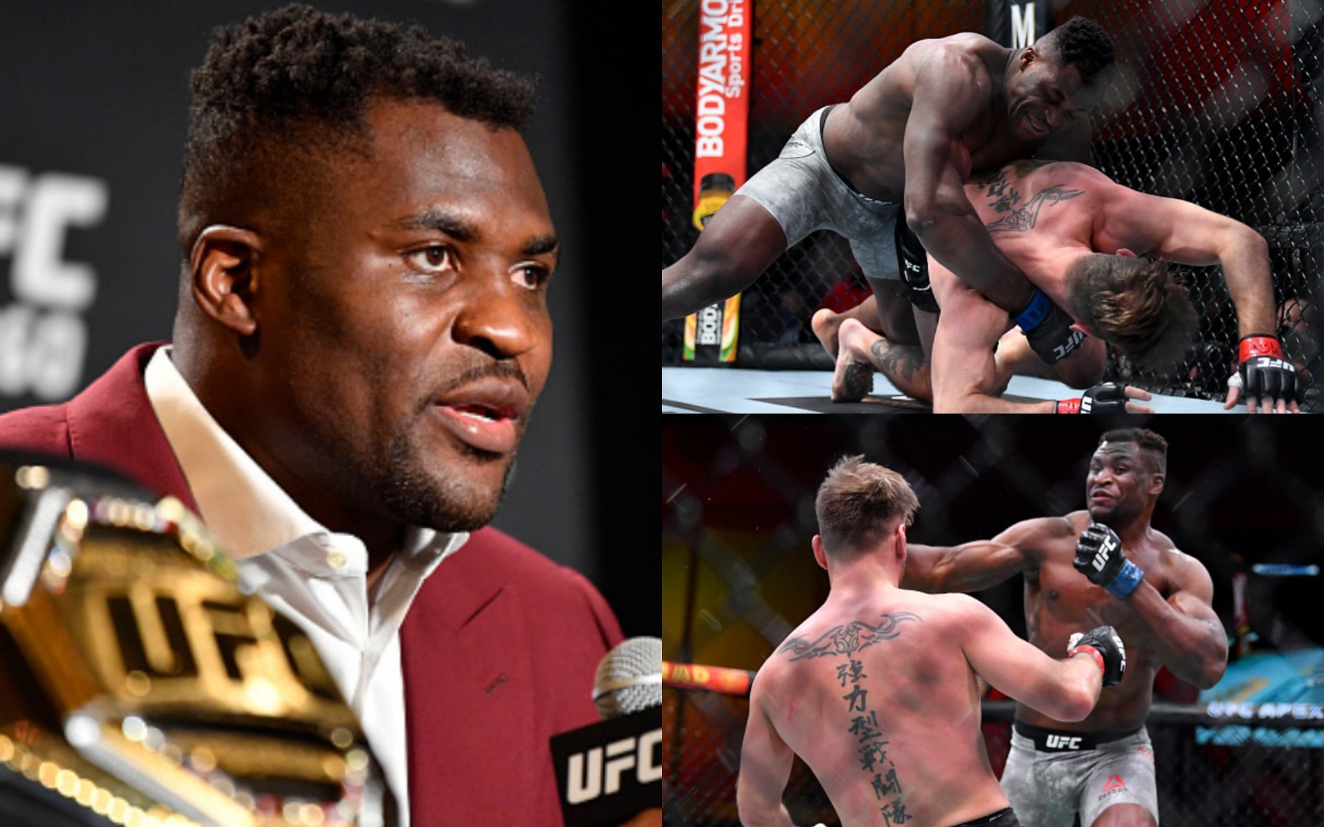 Francis Ngannou (left); Ngannou vs. Miocic at UFC 260 (top and bottom right)