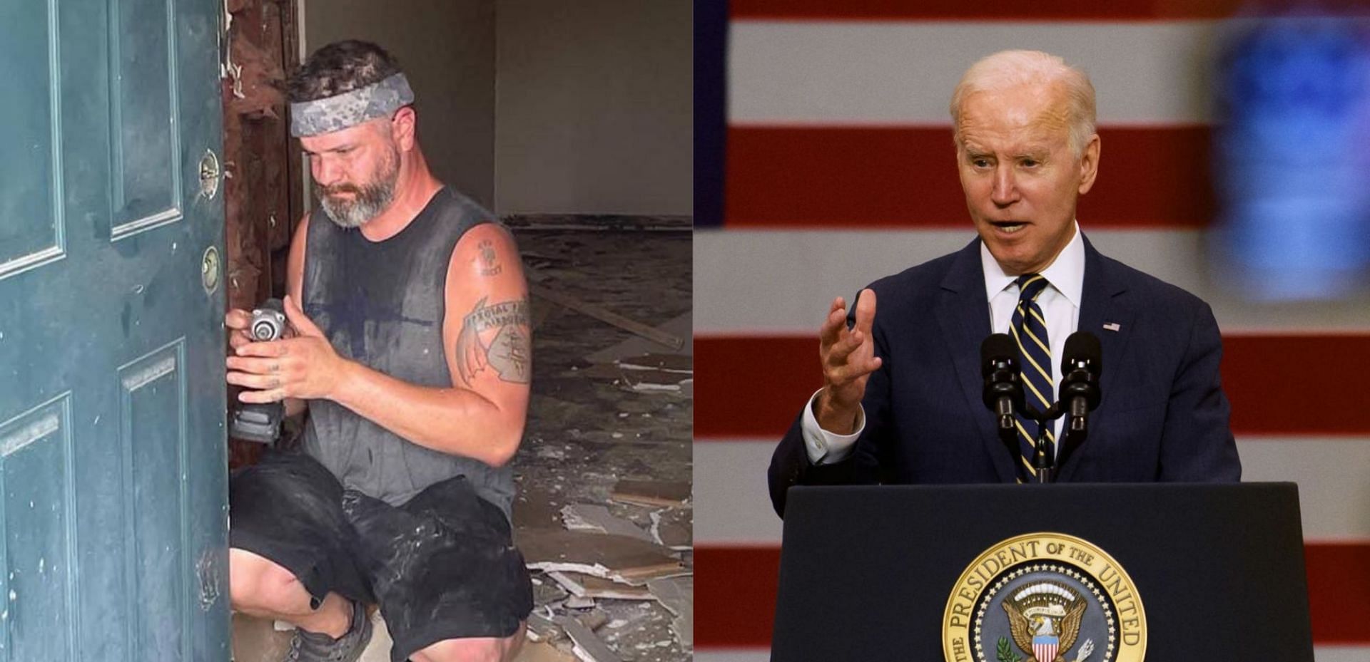 Scott Merryman has been charged with threatening President Joe Biden (Image via Scott Merryman/Instagram and Jeff Swensen/Getty Images)