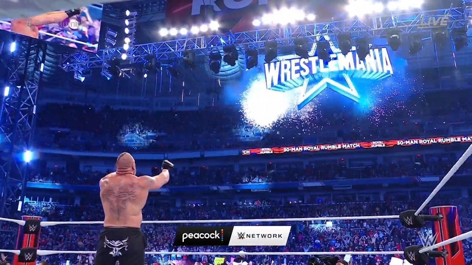 The Beast Incarnate celebrates after winning his second Royal Rumble